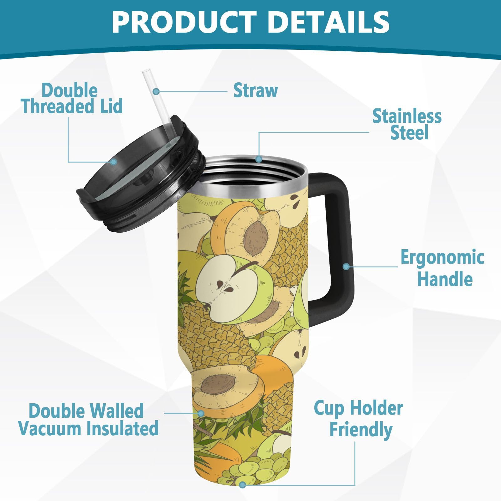 Isolierter Becher Sommerfrucht doppelwandig Edelstahl Wasserflasche Kaffeetasse Reisebecher mit Griff Strohhalmdeckel