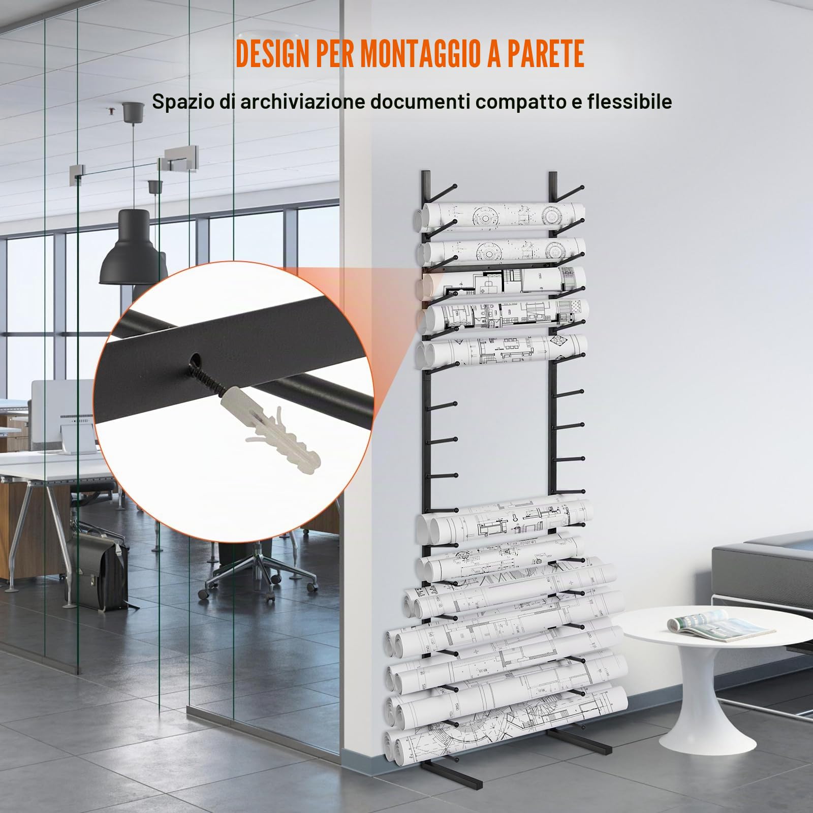 VEVOR Scaffale Portaprogetti 540 x 285 x 2125 mm Espositore per Manifesti Sospesi a 16 livelli, Portarotolo Verticale per Progetti 2 Rotoli/Pneumatico, Scaffale per Portarotolo con Mappa Cianografica