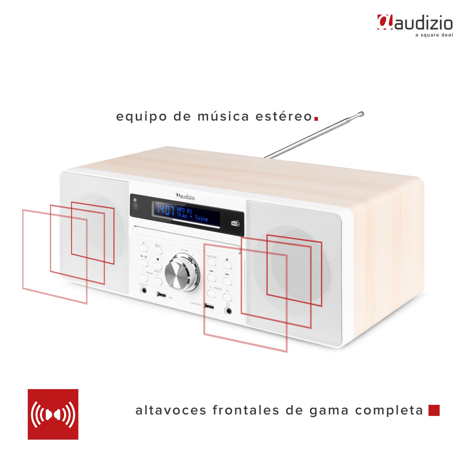 Audizio Prato Sistema Musical Todo-en-uno. Radio FM y Dab+, Bluetooth 4.0, USB, Reproductor de CD, Reloj, Alarma, Display con dimmer, presets de Sonido, Salida de Auriculares - Color Blanco
