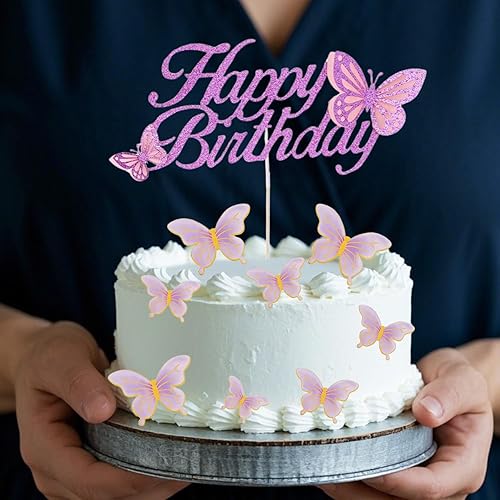 Miniatura 3 de ALISSAR Juego de decoración de pastel de cumpleaños morado con purpurina, decoración de pastel de mariposa y 16 piezas de decoración de cupcakes de