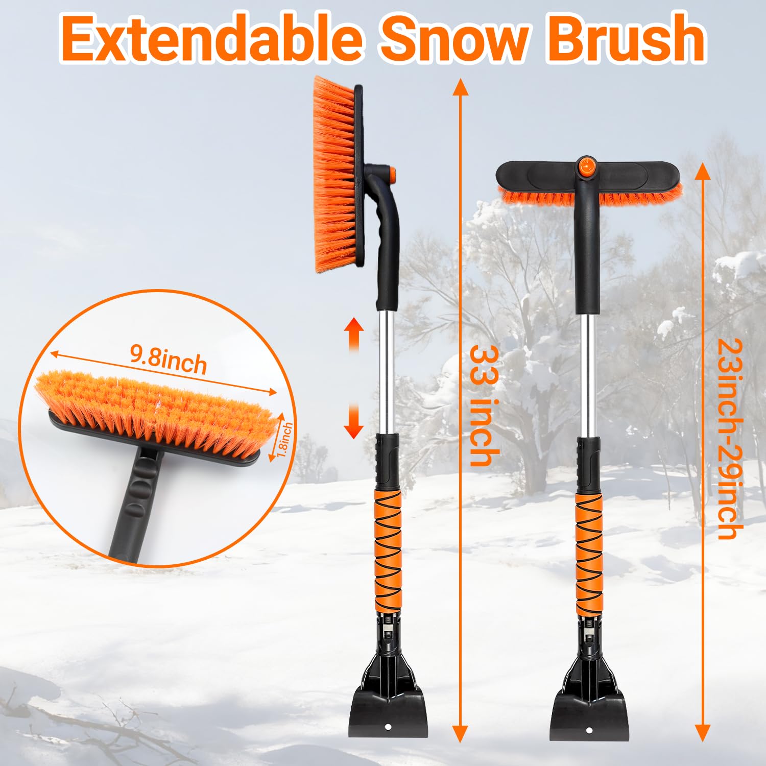 Rascador de hielo y cepillo de nieve 2 en 1 mejorado para automóvil, extensible hasta 33 pulgadas con cómodo agarre de espuma y cabezal giratorio para camiones, SUV, parabrisas de