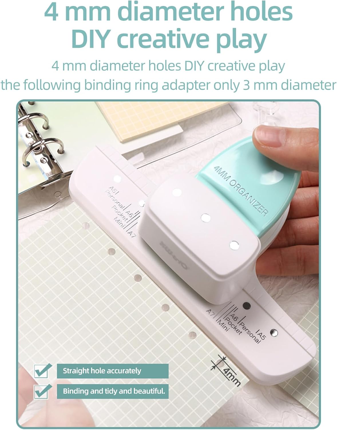 HUIOP 3 Hole Punch Paper,9027 Loose Leaf Hole Punch Daily Planner Adjustable 3 Hole Paper Puncher for A8 Mini / A7 / A7 Pocket / A6 / A6 Personal / A5 Size 8 Sheet Capacity Notebooks Scrapbooking
