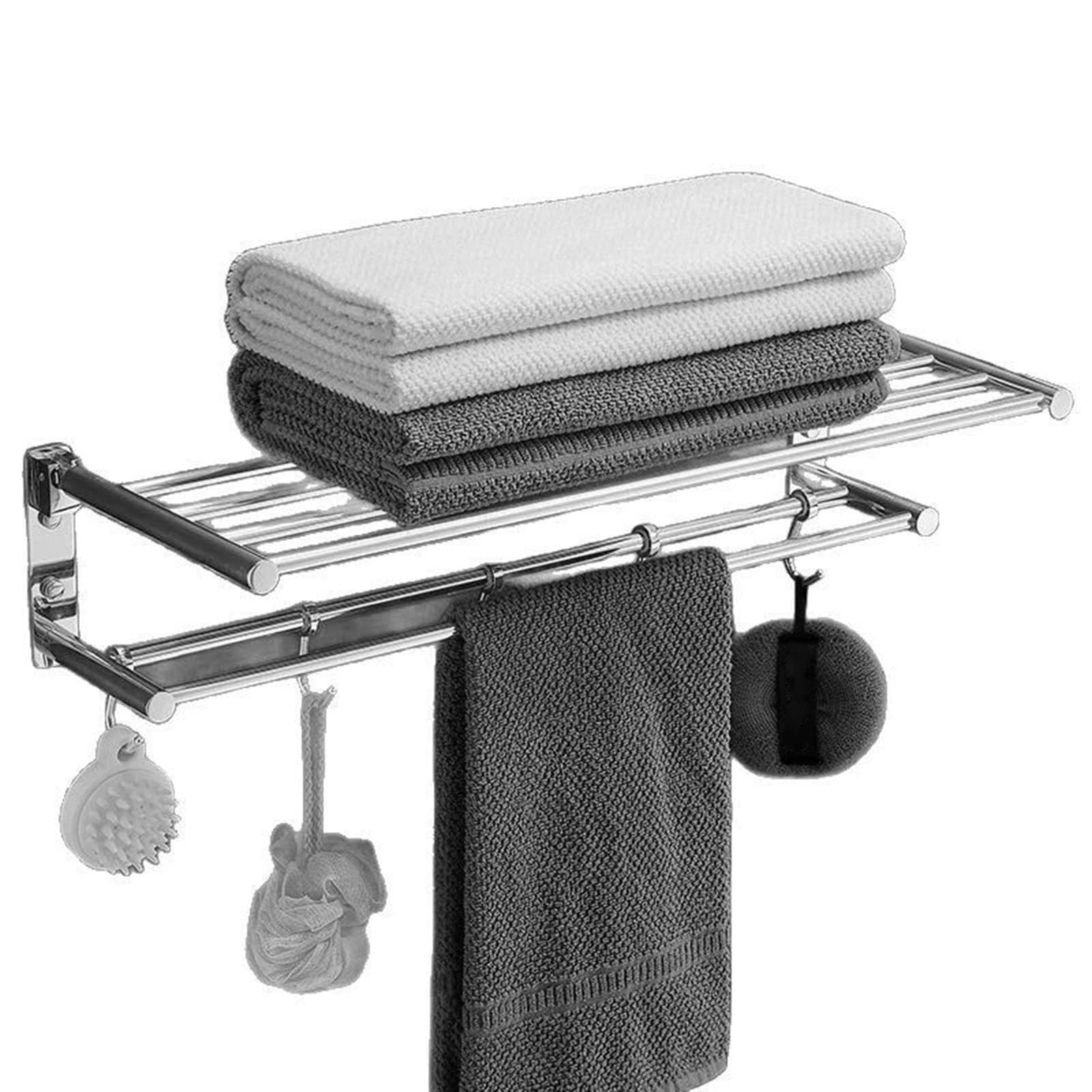 Towel Rail With Bar Holder,Double Tier With Hooks, Rack Wall Mounted Foldable,Drilling,2-Tier Storage With Shelf For Bathroom, Lavatory,Hotel(50cm)