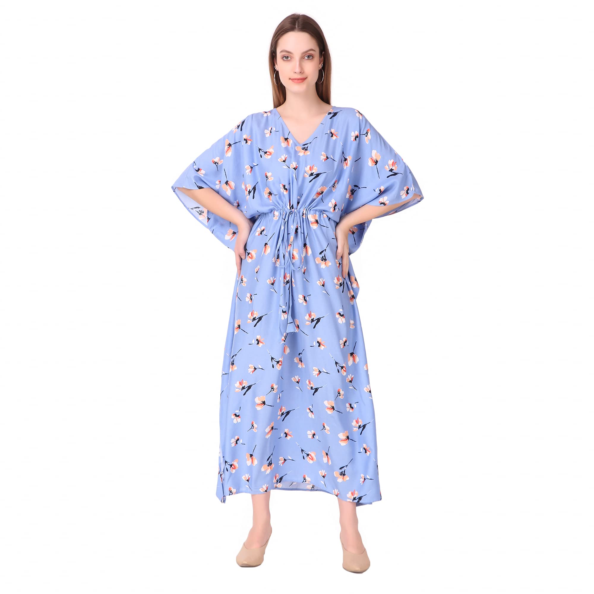 Kylee Women's Cotton Printed Maxi Kaftan Kurti | Free Size (Powder Blue)