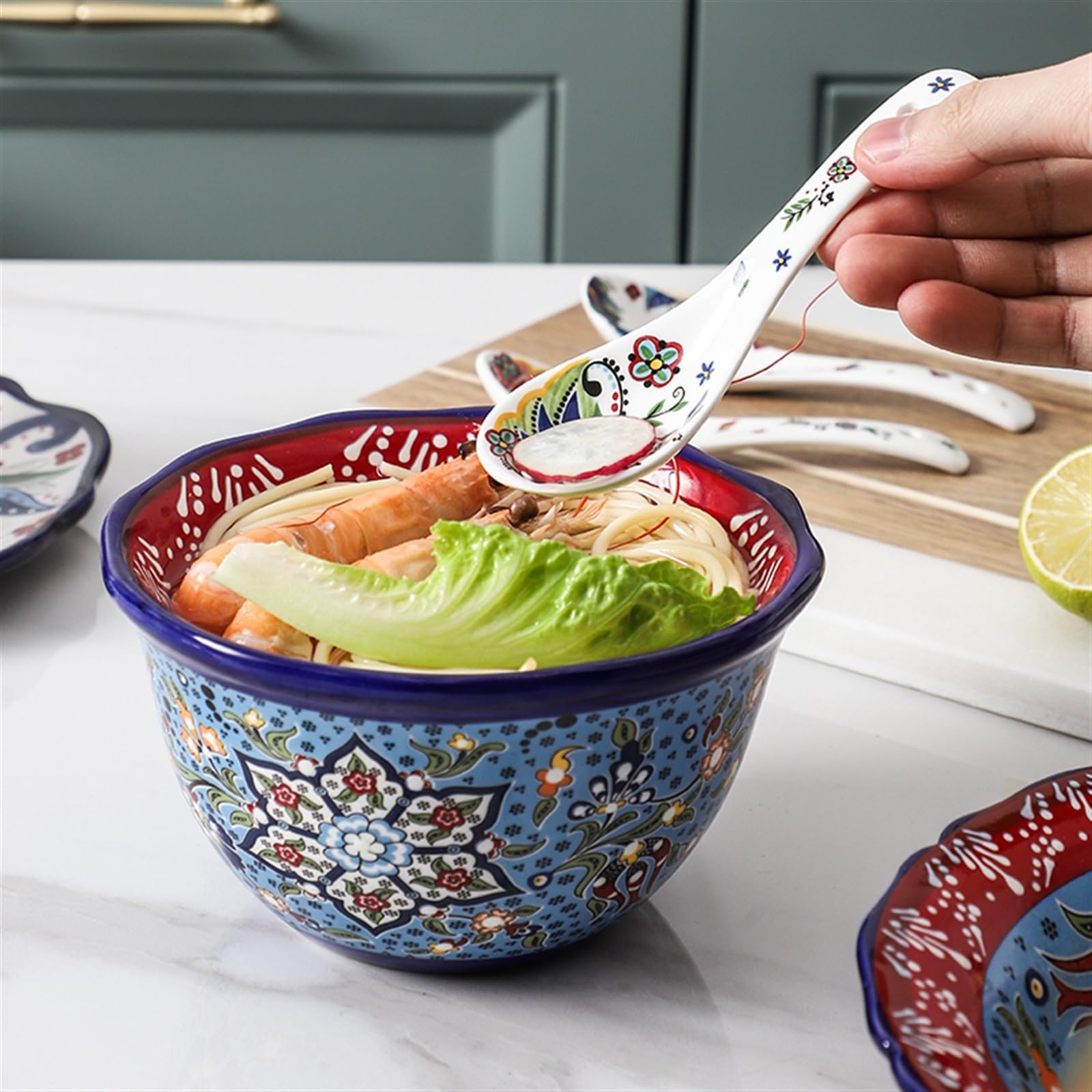Cuillères à Soupe en céramique (1 Petite cuillère et 1 louche incluses), cuillères à Soupe wonton, cuillères de Service en céramique, cuillères à Ramen, cuillère à Glace(B)