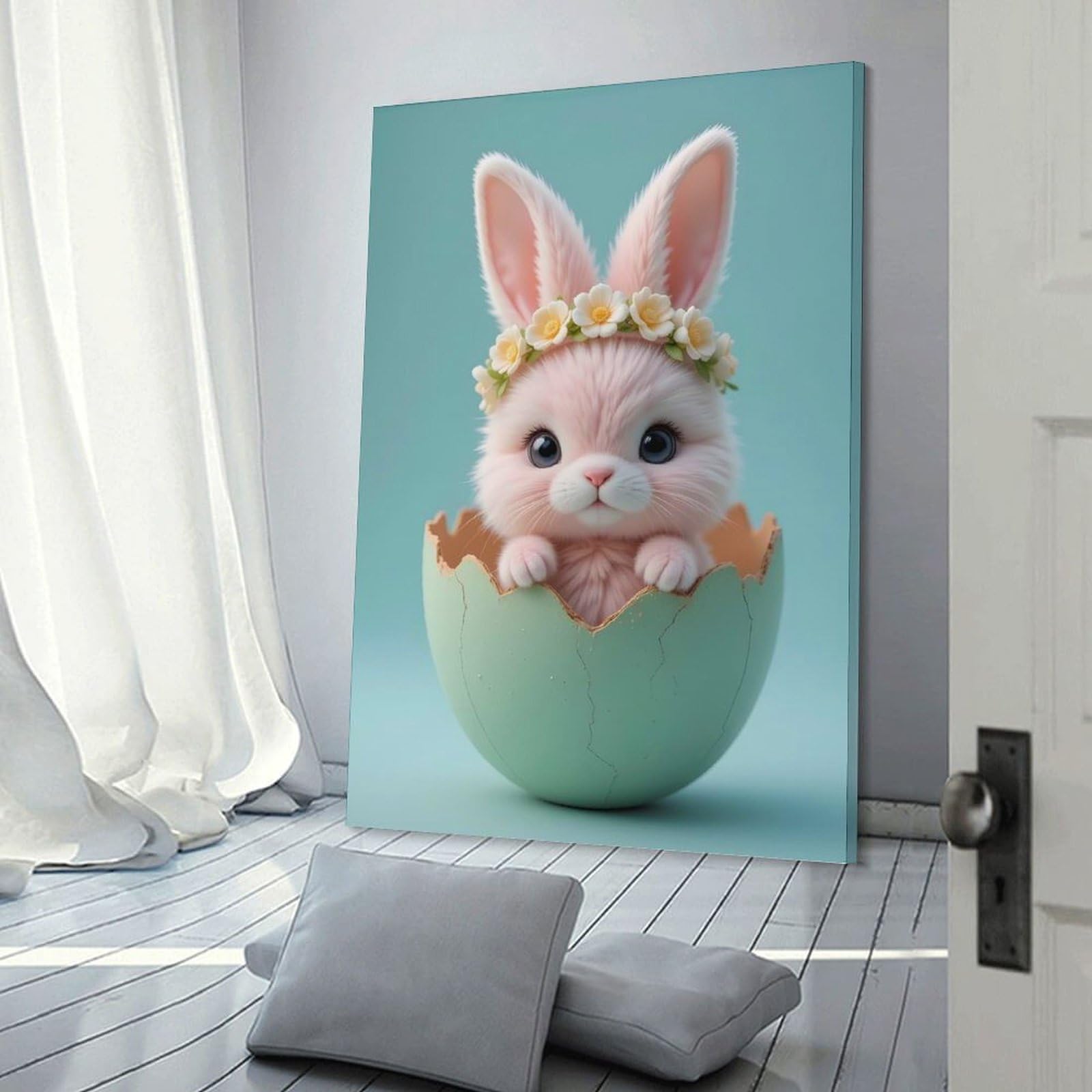 Junmoney Frame-Style-12 Pink Easter Bunny In Mint Eggshell With Spring Floral Crown Wall Picture Print, 24X36inch(60X90cm), For Wall Displays, Bedrooms Or Room Updates, Decorative Artwork With Flexible Styling