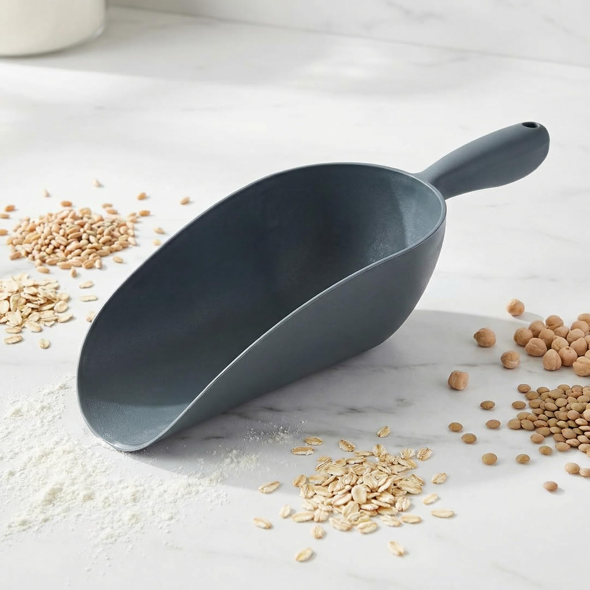 Pala multifunzione - Misuratore di mangime per cani e cavalli, pala per giardino, terra e cucina - materiale resistente e forte - cucchiaio dosatore resistente ed ergonomico (grigio)
