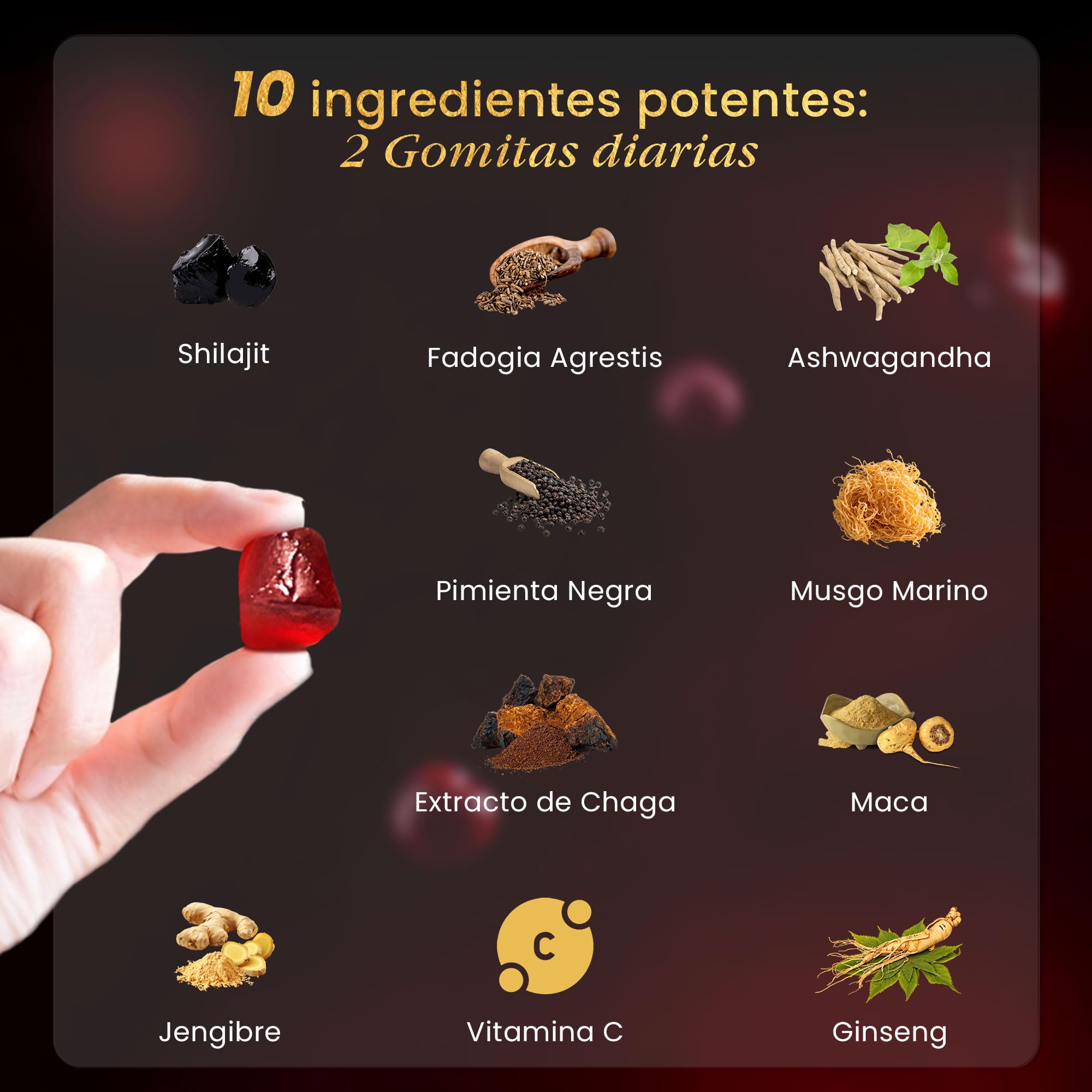 Shilajit Gummies - Gomitas de fuerza mejorada para el bienestar general, gomitas veganas endulzadas naturalmente - Natural y pura - 60 gomitas - Sabor cereza