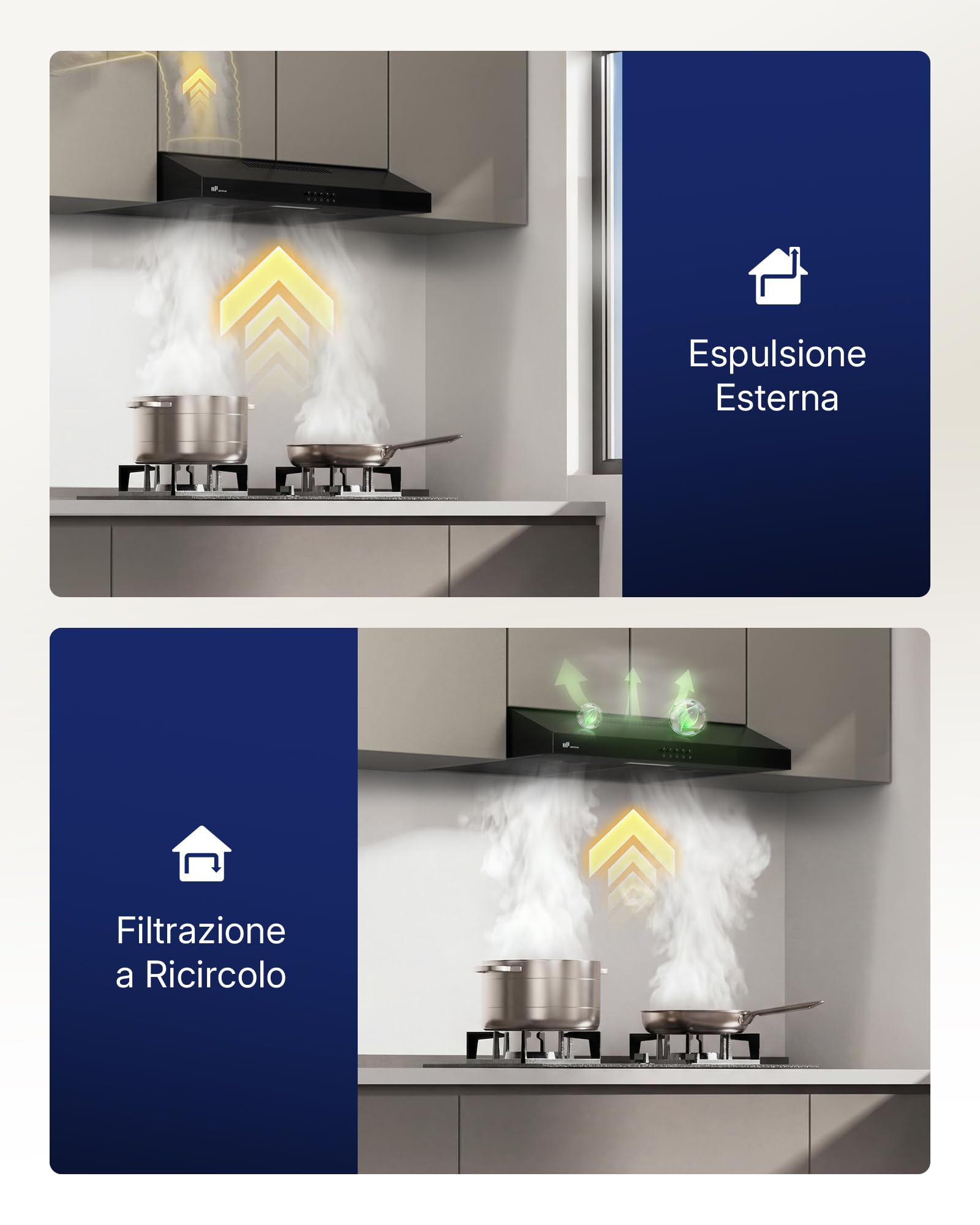 Upstreman Cappa Aspirante 60 cm，Classe A+++, 3 Velocità (220 m³/h), Ricircolo & Aspirazione con Filtro a Carbone, 61 dB, Luce LED 1,5 W, HU60, Nero