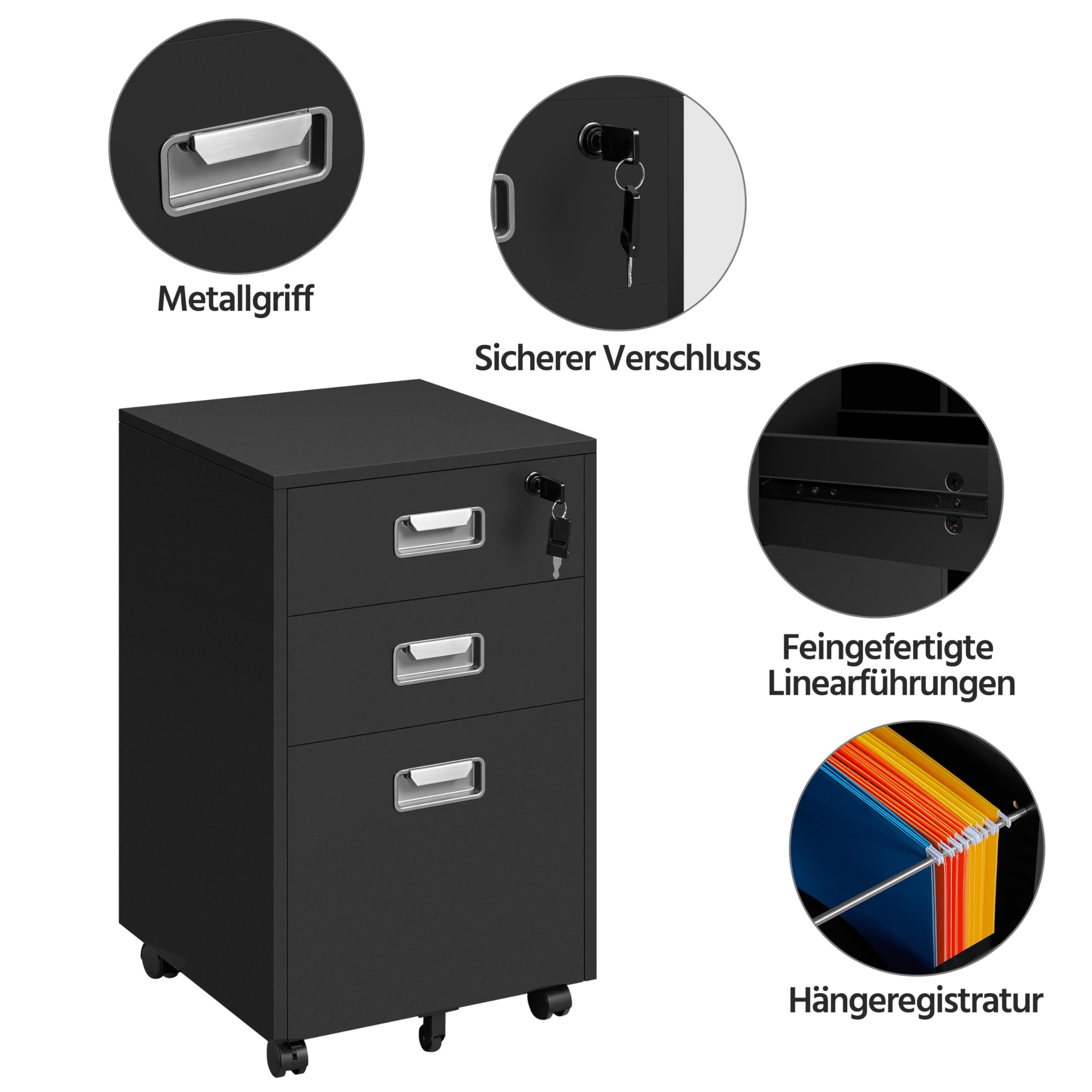 Yaheetech Armadietto con 3 cassetti e cartella sospesa, mobile per ufficio, studio, soggiorno, ufficio, colore nero