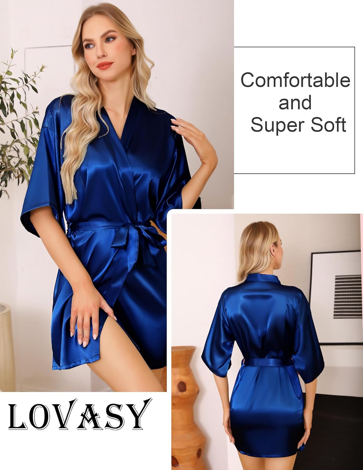 Lovasy Women's Satin Robes Silky Short Robe Lightweight Sleepwear Bride Bridesmaids Bathrobes Dressing Gowns Loungewear S-XXL - Image 3