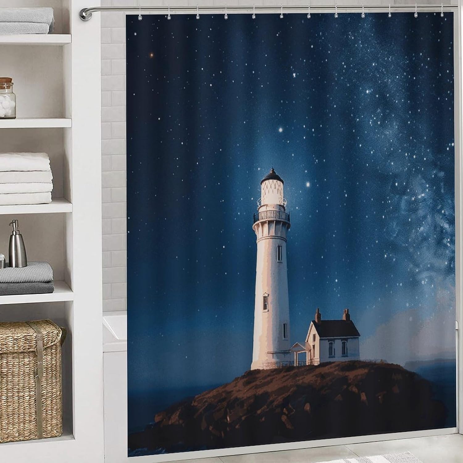 Lighthouse Under Starry Night Sky Bath Rug Set 4 Piece,Bathroom Accessories Set-Toilet Rugs U Shaped,Toilet Lid Cover,Shower Curtain and Rugs,Ultra Soft, Absorbent,Home Decor