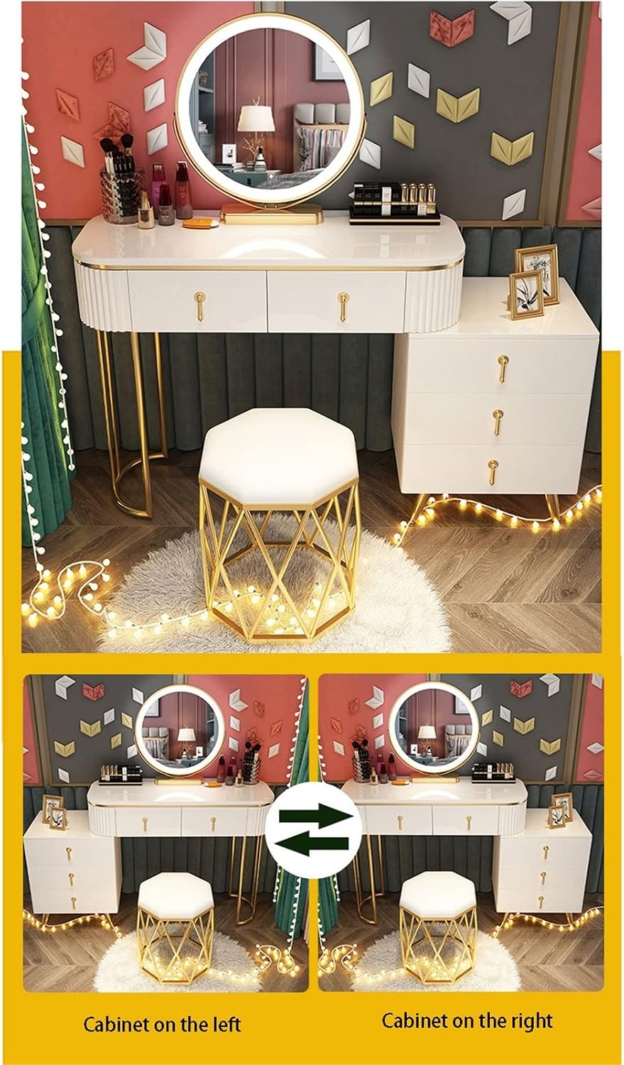 Vanity Dressing Table Set Luxury Makeup Bench with 3 Colors Led Hd Mirror,Comfortable Stool Drawers Cabinet,Modern Simple Style,for Girl's Gift (Size : 120cm) ()