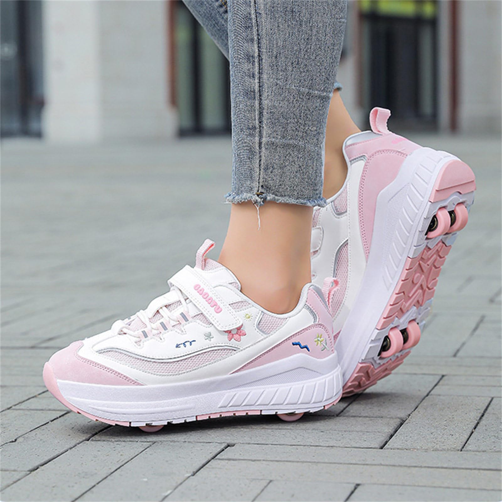 Mateju Chaussures à roulettes Fille Garçon Patins à roulettes Rétractable Enfant avec 4 Roulette, Fleurs 2 en 1 Chaussures de Skateboard Réglables Adolescents pour Femme Homme