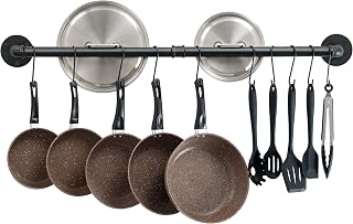 OROPY Wall Mount Pot Pan Bar Rack, 100cm Metal Industrial Style Hanging Rail Kitchen Utensils Hanger Organiser with 14 Hooks, Black