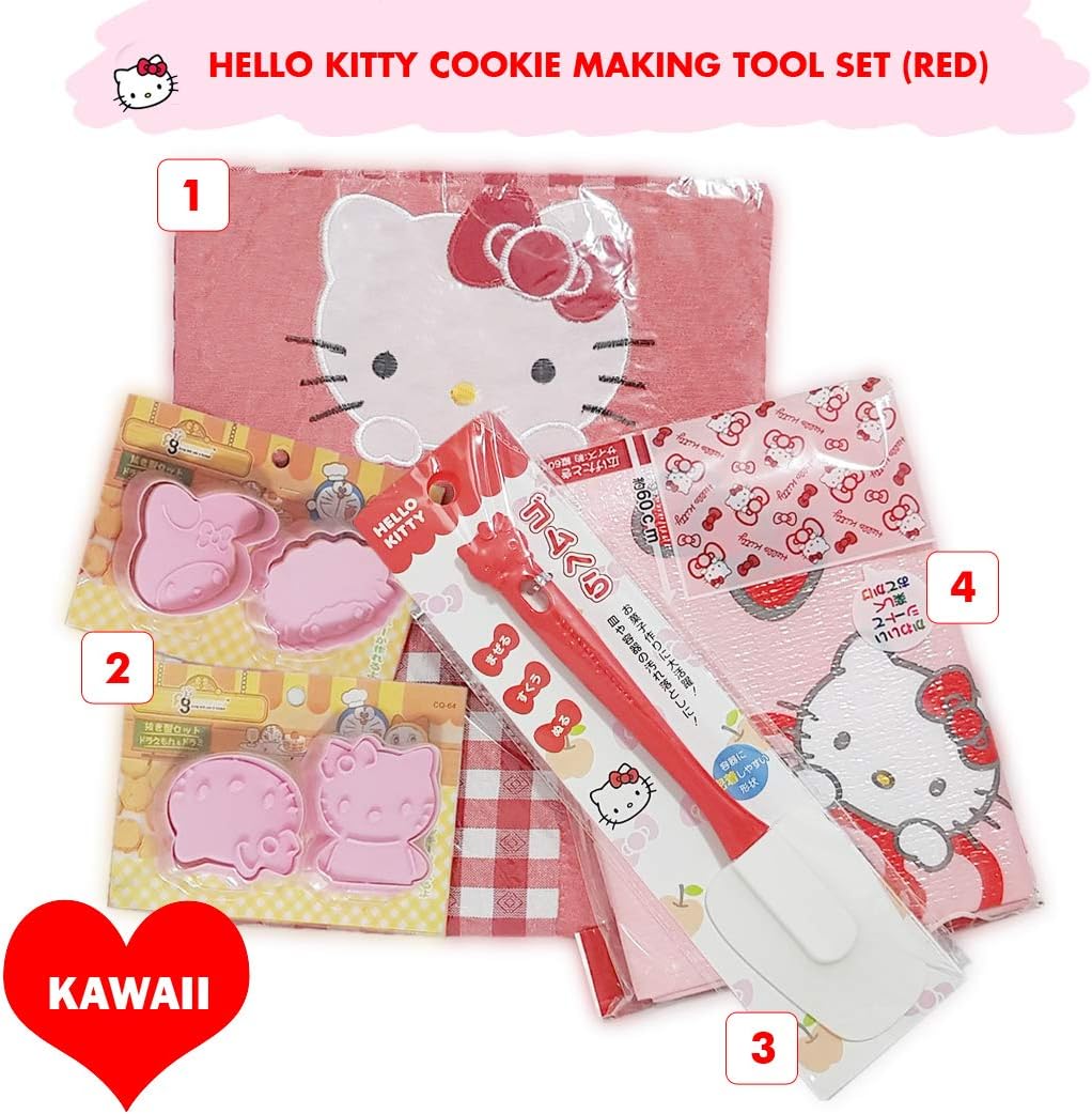 Sanrio Japan Hello Kitty Cookie Biscuit Making Tool Bundle Set - 2x Sanrio Character Small Cookie Stamp Cutter Set, Hello Kitty Red Apron, Picnic Mat & Red Spatula.