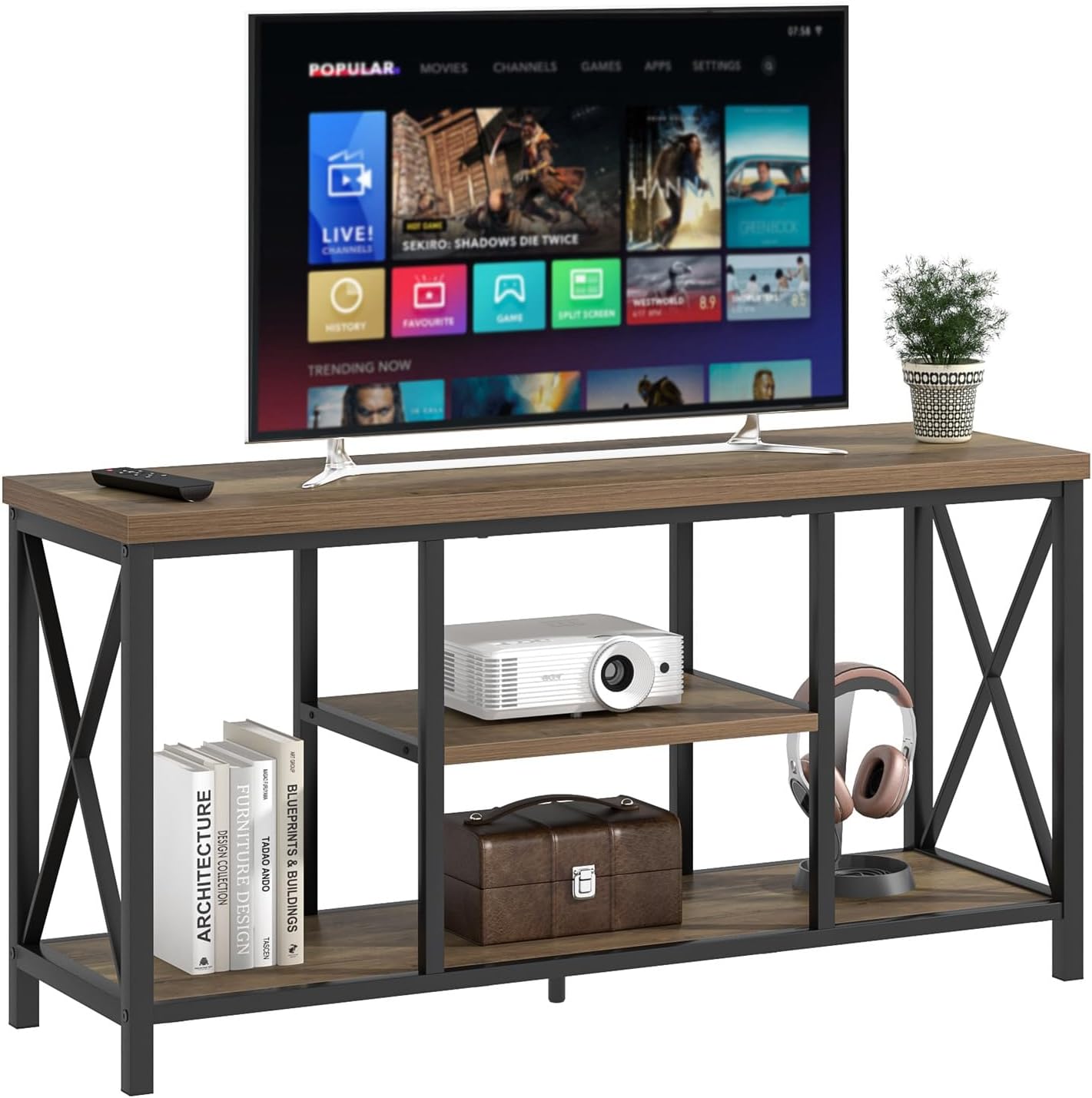 FOLUBAN TV Stand for TVs up to 55 Inch, Rustic Wood and Metal Entertainment Center with Storage, Modern Industrial Media TV Console Table for Living Room Bedroom, Oak 47 Inch