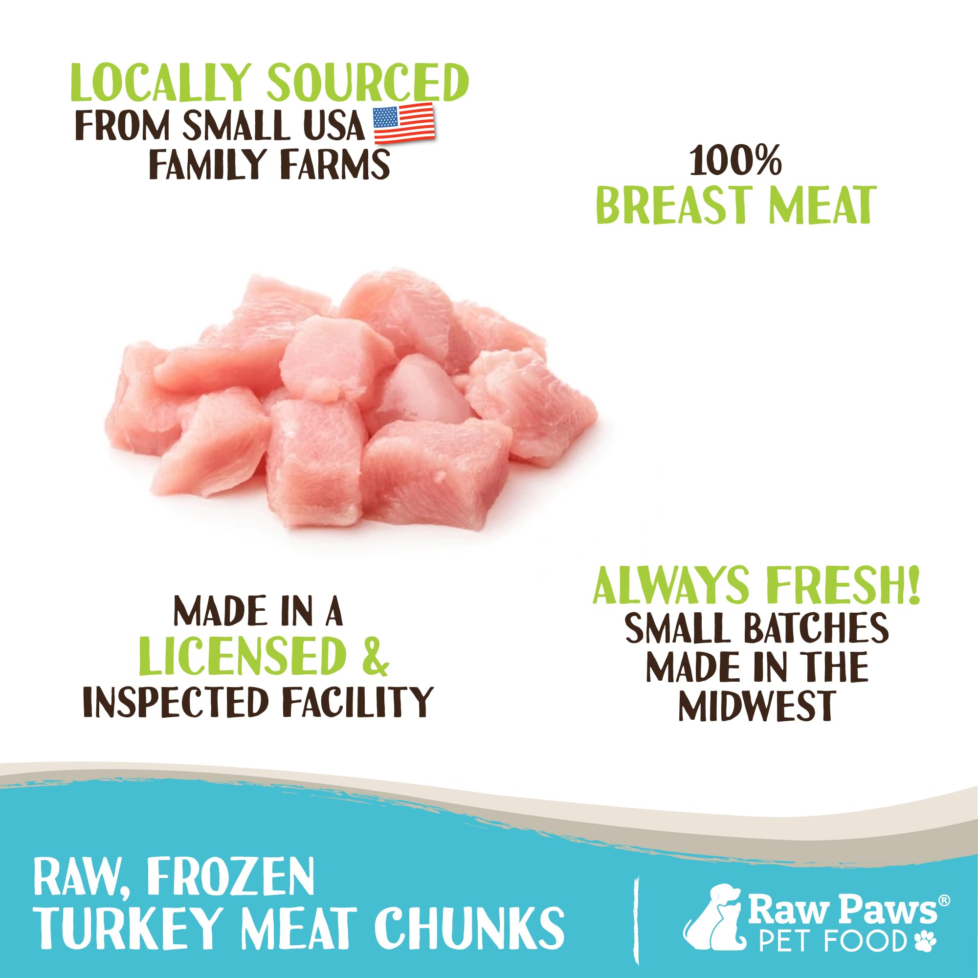Raw Paws Frozen Raw Turkey Breast for Dogs & Cats, Chunks 2-lb (8 Pack) - Made in USA - Small-Batch Frozen Raw Dog Food - Natural Turkey Dog Food - Food for Dogs