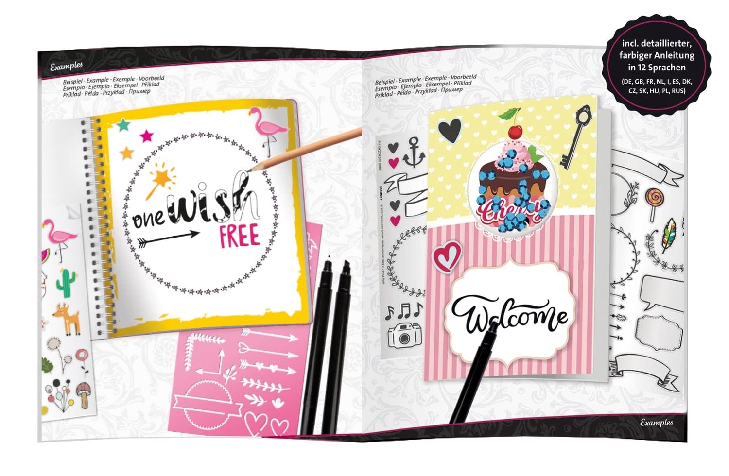 LENA Handlettering Set Grand avec carnet à anneaux, pochoirs de lettres, crayons, autocollants, cartes pliables