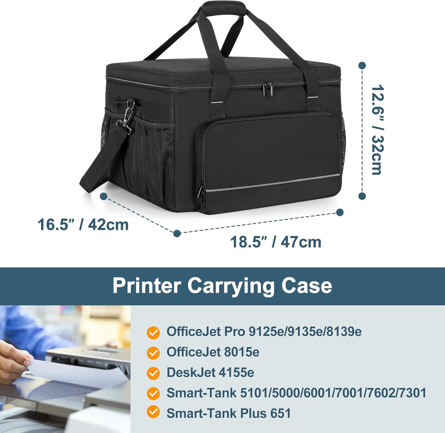 Yarwo Printer Carrying Case Compatible with HP OfficeJet Pro/DeskJet/Smart-Tank, Padded Office Printer Storage Bag with Base Board and Dividers for Ink, Paper and Office Supplies (BAG ONLY) - Image 5
