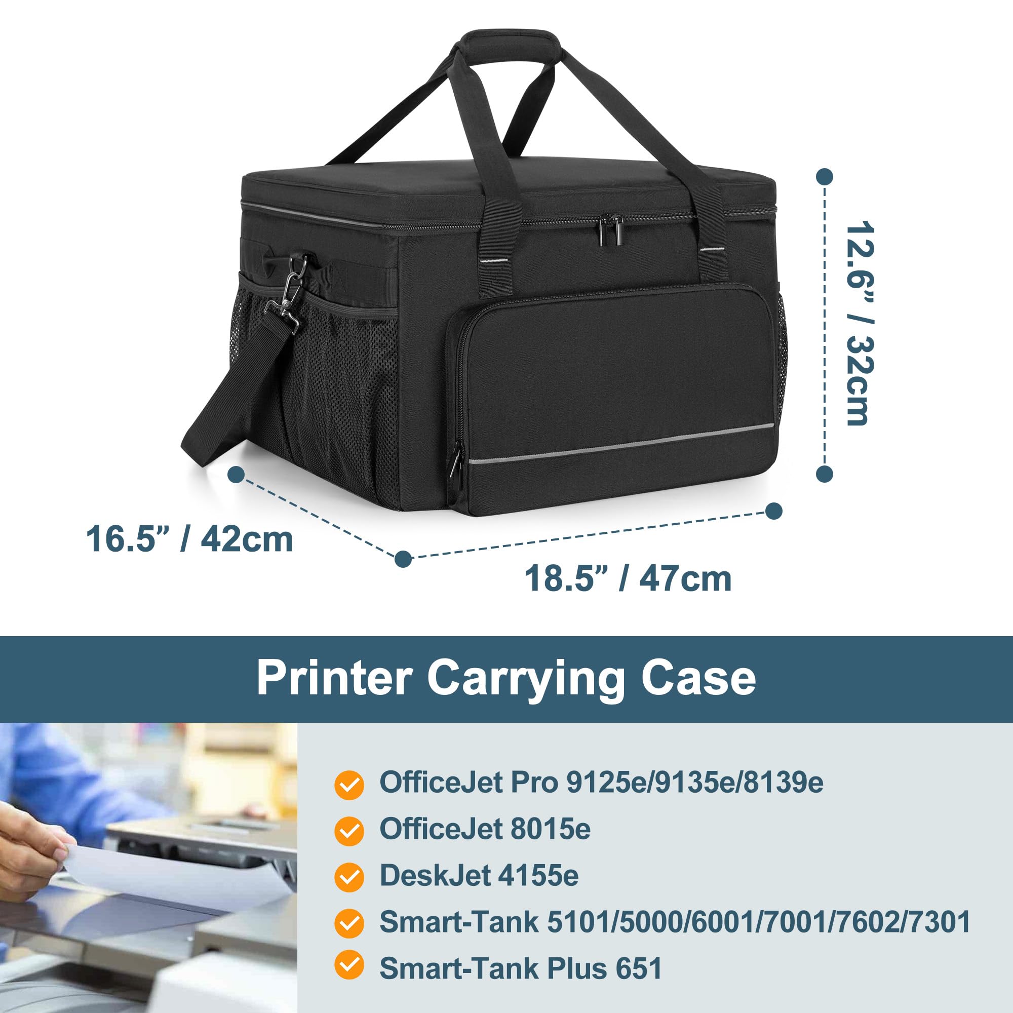 Yarwo Custodia Trasporto per Stampante Compatibile con HP OfficeJet Pro/DeskJet/Smart-Tank/Epson EcoTank, Borsa Rimboccata con Base Rigida & Divisori per Inchiostro, Carta & Articoli da Ufficio