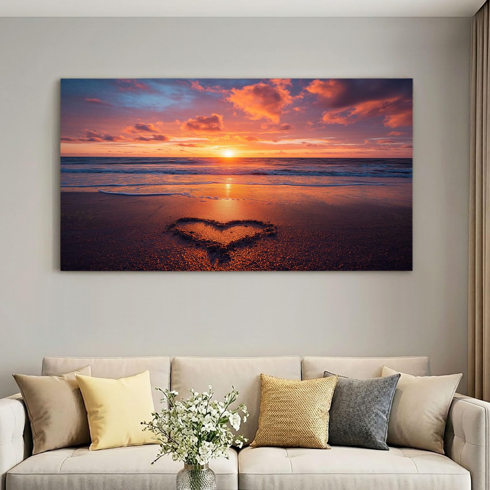 Plaża, czerwone serce, obrazy ścienne do salonu, 120 l x 60 W, zachód słońca, tęcza, dekoracja ścienna, Aesthetic do sypialni, łazienki, biura, jadalni, korytarza, kuchni, pokoju