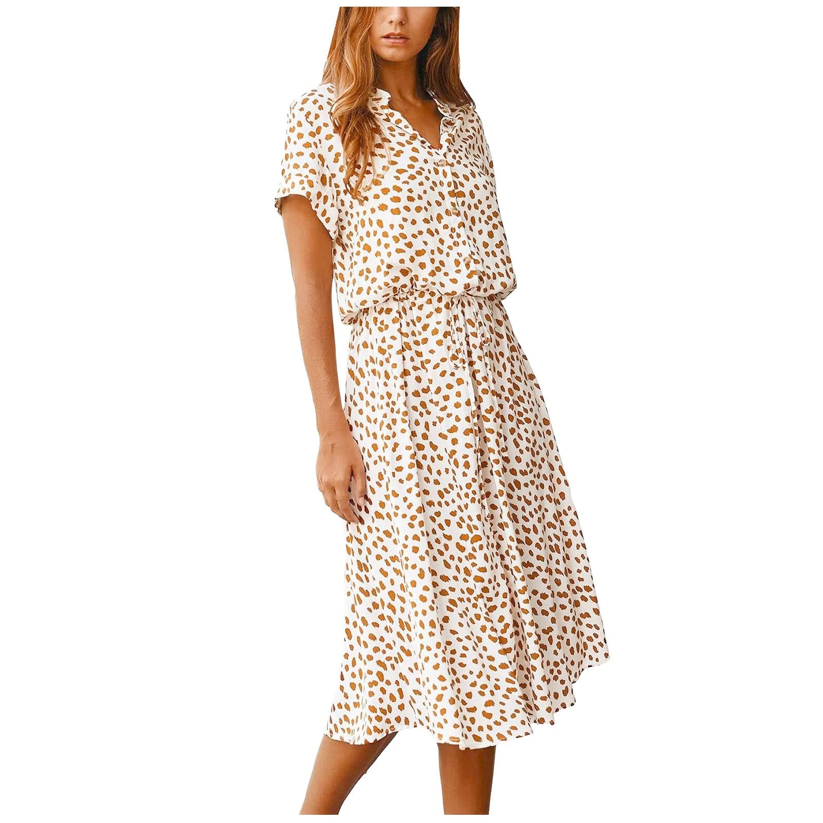 Kleider Damen Sommer Lang mit Arm Kleid Punkte A Linie Damen Sommerkleid Kurzarm Elegant Sommerkleider mit Knopfleiste Stehkragen Strandkleid Luftig Midi Gepunktetes Kleid mit Gürtel