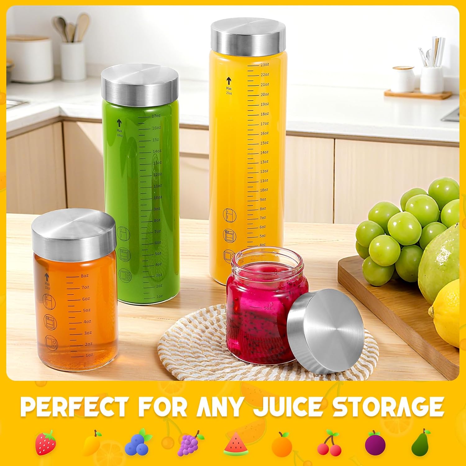 Glass Juice Bottles with Lids, 25 Oz Wide Mouth Glass Water Bottles, for Juicing, Protein, Smoothie, Milk, BPA Free, Stainless Steel Lids, Shaker Bottles (25 Oz / 4 Pack) - Image 5