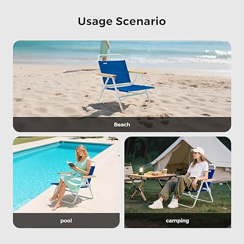 Miniatura 8 de SUNNYFEEL Silla de playa plegable, respaldo de silla de playa con reposabrazos y cojín de madera, silla de campamento ligera resistente para playa,
