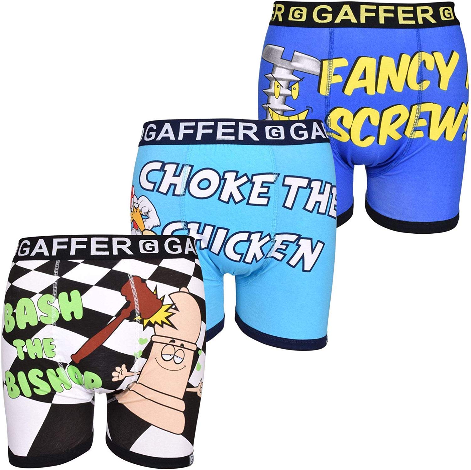 Gaffer Men's Set A-Blue-Turquoise-White Boxers Funny Multipack Boys Funky Rude Novelty Shorts Elasticated Trunks Stretchable Waist Underwear 3 Pack, S,