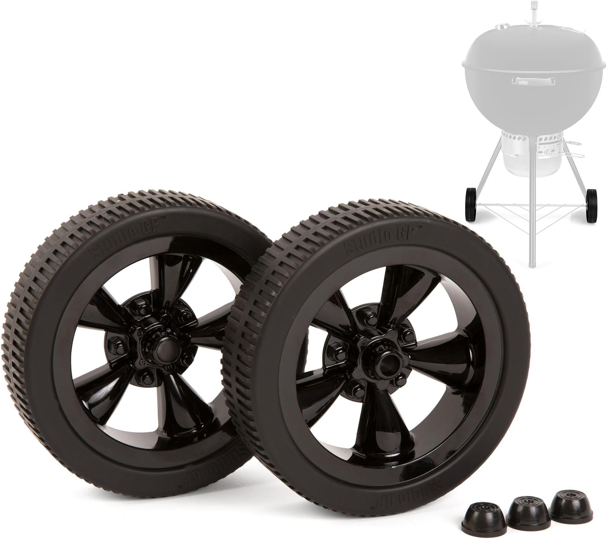 Replacement Wheels Compatible with Weber Kettle Grills – 6-inch Replacement Grill Wheels and Hub Caps – Muscle Car Inspired Design – BBQ Charcoal Grill (Black)