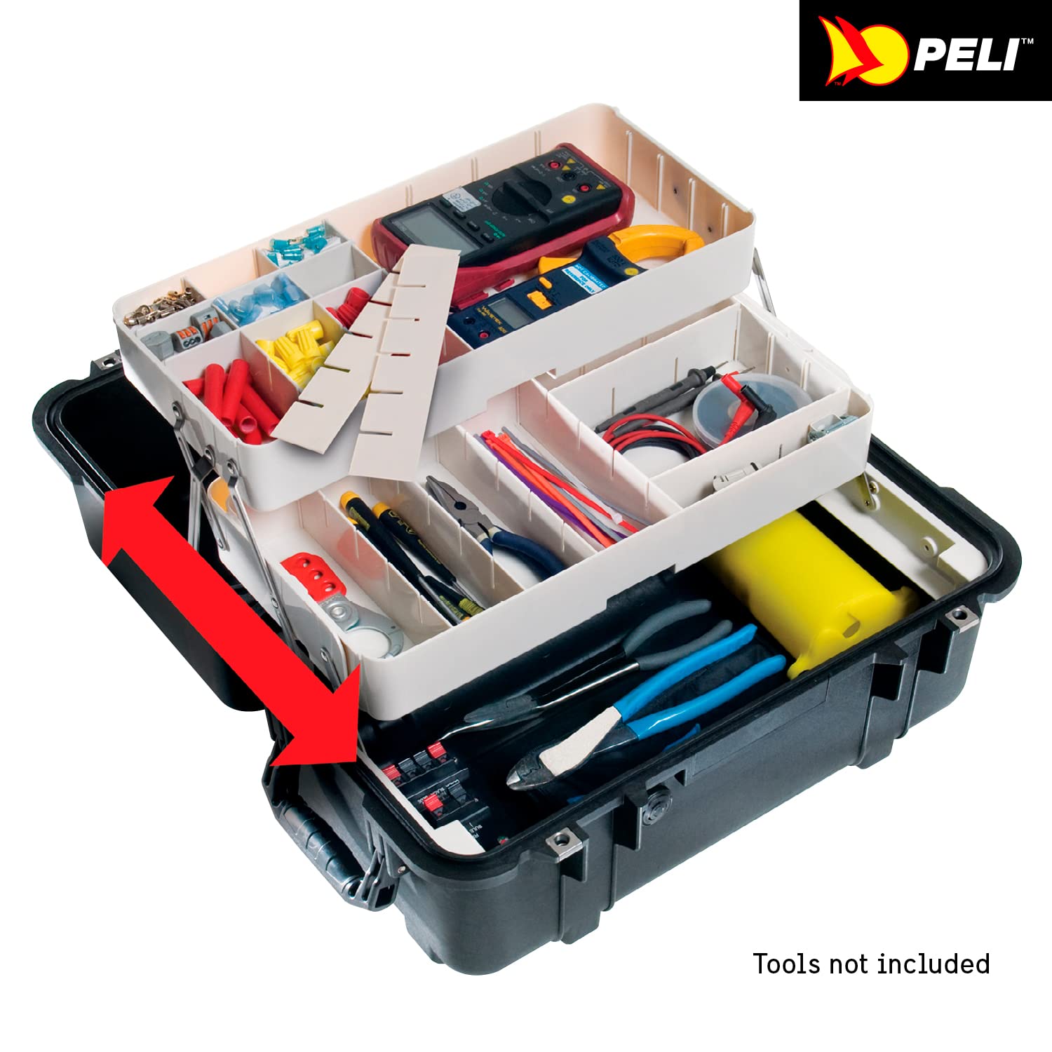 PELI 1460TOOL Caja de Herramientas Profesional Resistente a los Golpes y estanca, IP66 Resistente al Agua y al Polvo, Fabricada en EE.UU, with Adjustable and Removable Tray Dividers, Color Negro, 33L