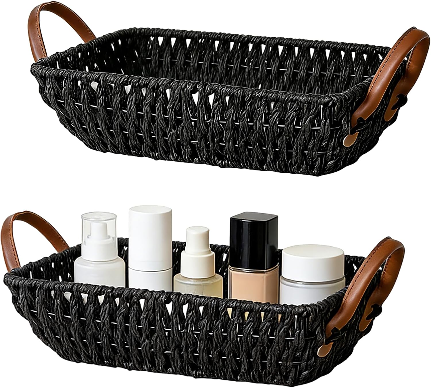 Wicker Storage Basket, Black Paper Rope Woven Bin with Leather Handles, 12.6 x 7.9 x 3.9 in, Decorative Organizer Baskets with Handles for Shelf, Table, Coffee Table