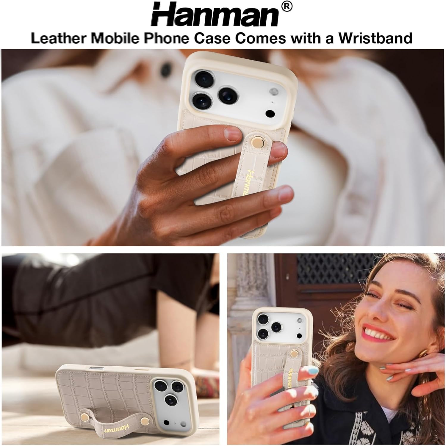 Hanman for iPhone 17 Pro Max Leather Case with Adjustable Wristband Strap Kickstand,Hand Strap Leather Case for iPhone 17 Pro Max,Crocodile Pattern HandStrap Kickstand Cover-Beige - Image 6