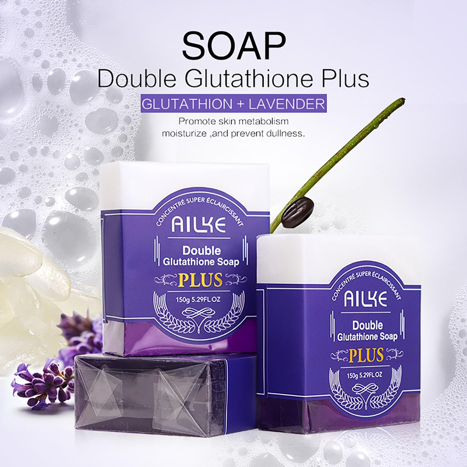 AILKE Glutathione & Natural Lavender Lightening Soap Bar, Whitening Skin, Moisturizing, Deeply Clean Stains - Image 2