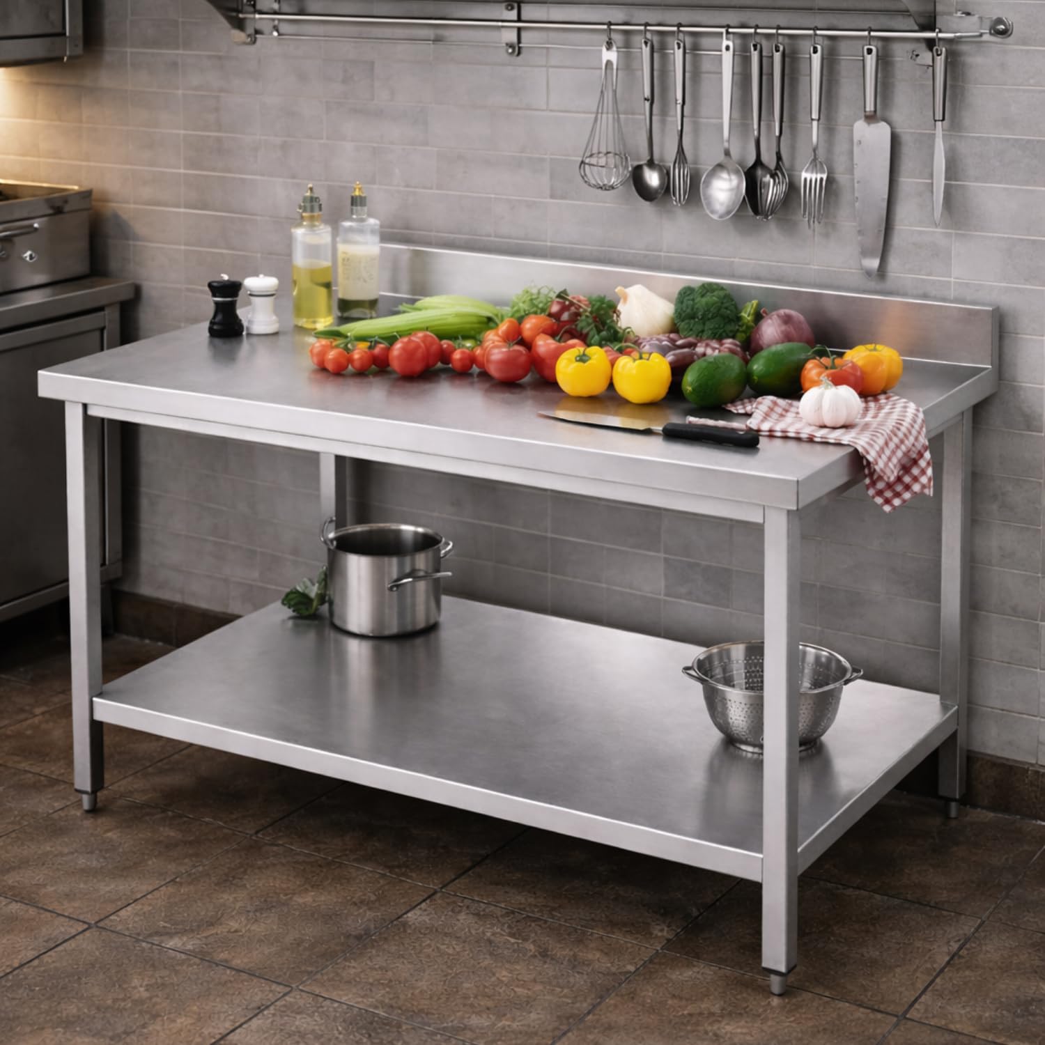 Générique Table INOX Professionnelle Adossée 700 × 700 mm | Dosseret 100 mm, Étagère Basse, Usage Intensif