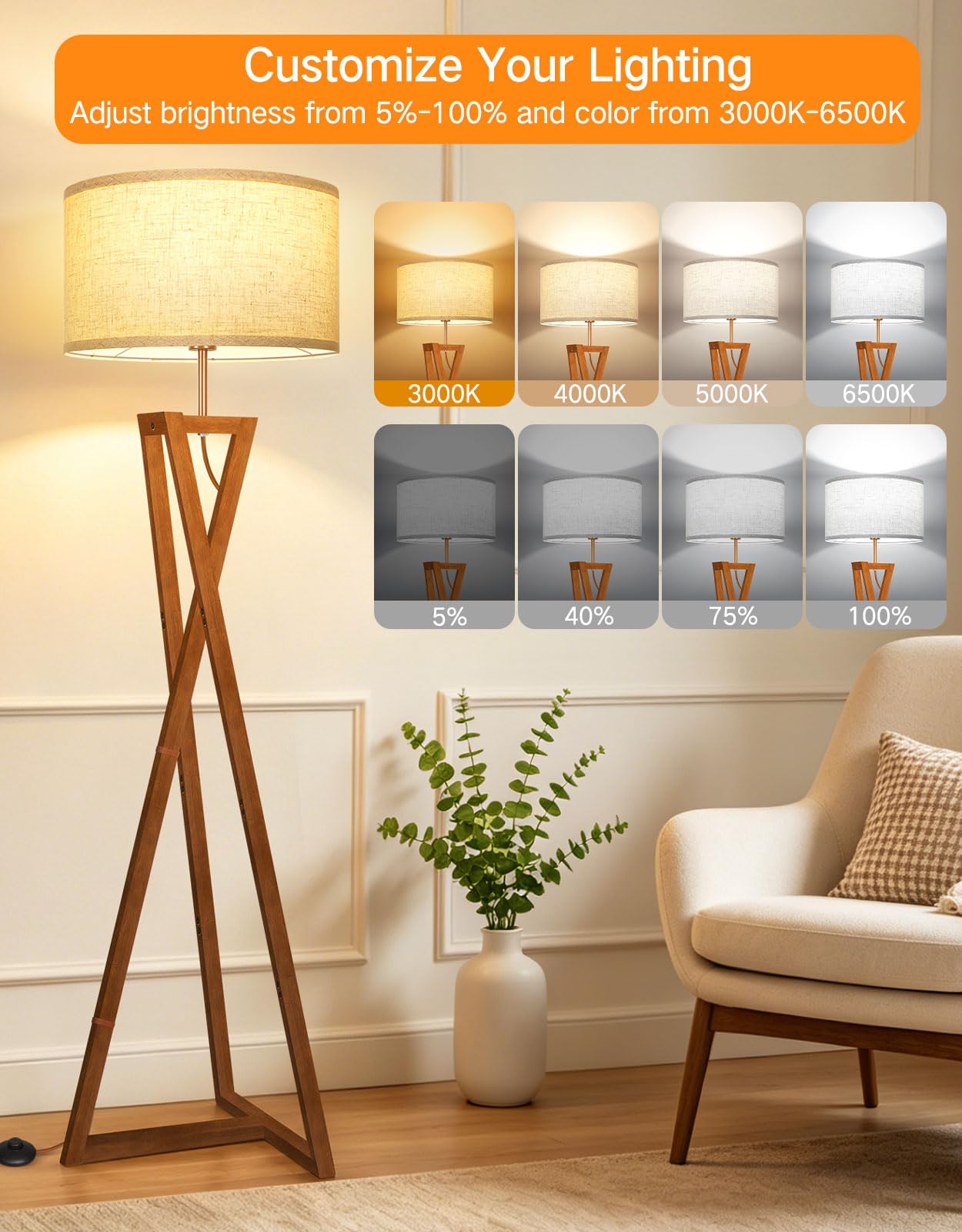 OUTON Holz Stehlampe mit Fernbedienung, Dimmbar, Schlafzimmer, Braun | 1100LM LED, stufenlos dimmbar, Leinen Lampenschirm, Massivholz, 5 Lichtmodi, Timer, Memory Funktion