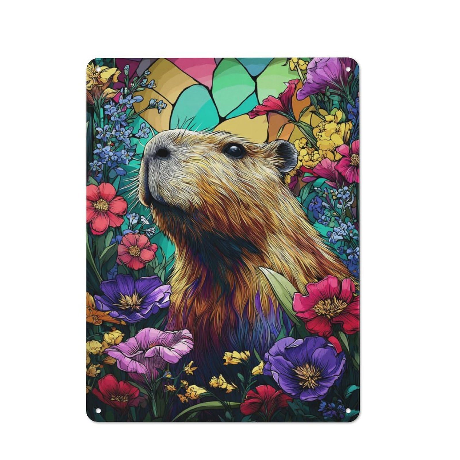 Junmoney Capybara In A Floral Garden Rustic Metal Wall Sign 40X30cm Featuring For Pub Or Café, For Vintage Wall Decor Fans, For Metal Sign Collectors