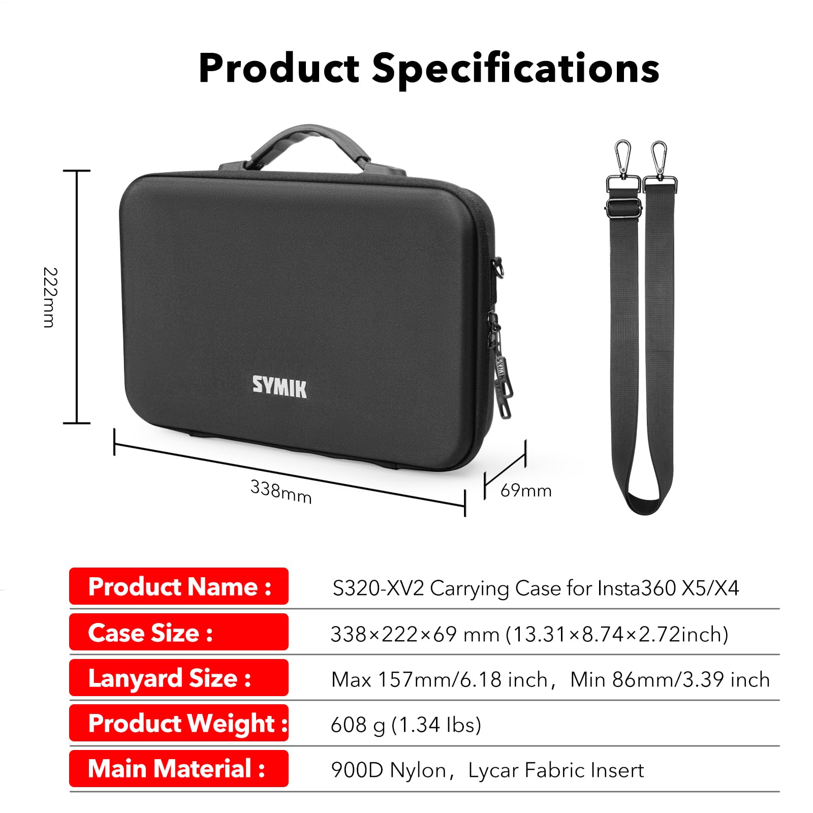 SYMIK Funda para Insta360 X5 X4, Impermeable, Resistente a los Golpes, compacta, Bolsa de Viaje con Correa para el Hombro, Funda de Nailon rígido para Insta 360 X5 X4 Accesorios (S320-XV2)
