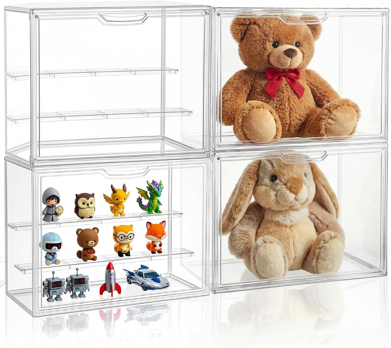 Wonderjune 4 Pcs Clear Acrylic Display Case Plastic Stackable Storage Bins 3 Tier Display Shelf Storage Boxes Cabinet Organizer with Magnetic Door for Action Figures,Collectibles(Large)