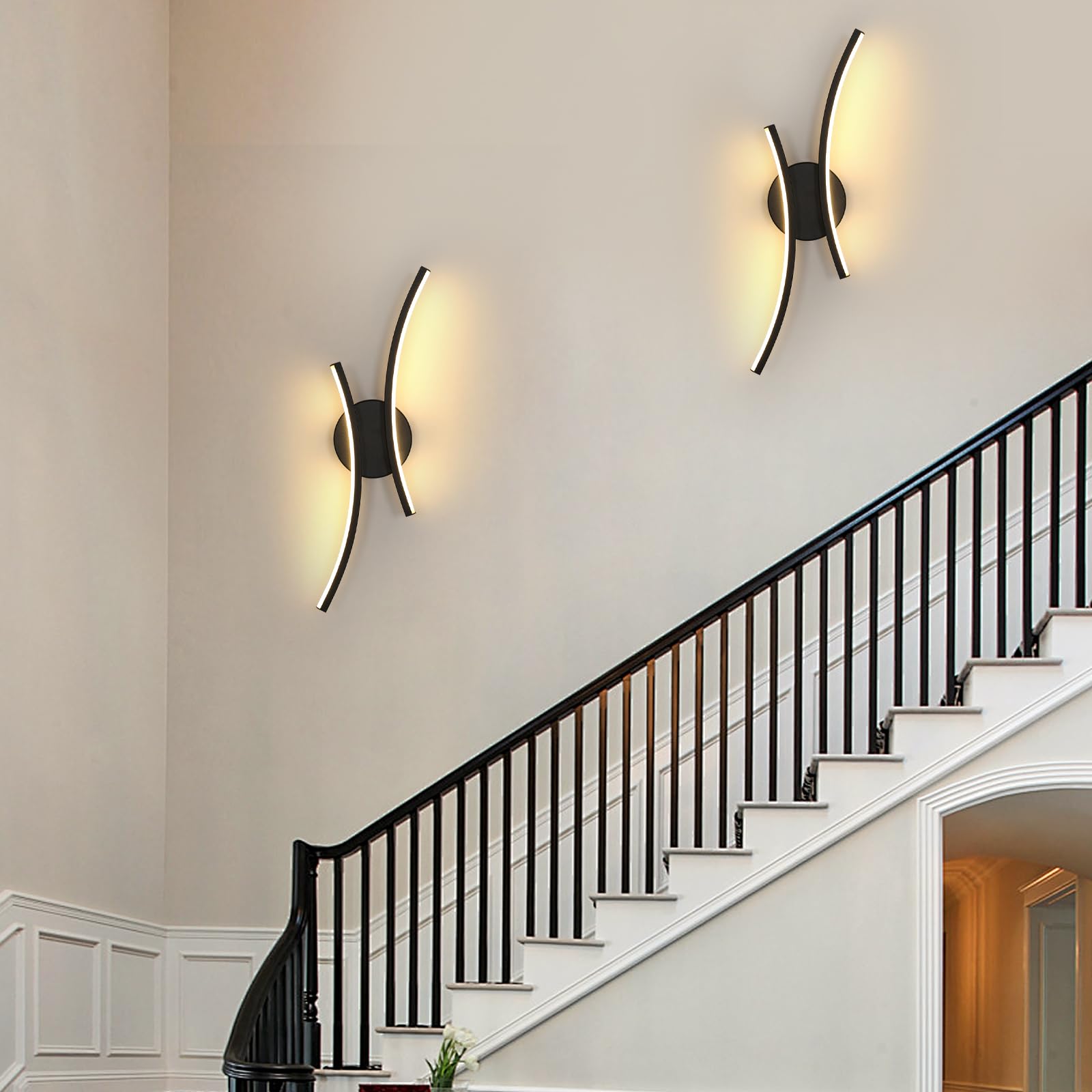 2 Stück Wandlampe Innen LED, 20W 2250LM LED Wandleuchte Schwarz, Modern Dekorativ Wandbeleuchtung Aluminium für Schlafzimmer Korridor Wohnzimmer Treppe, Warmweiss 3000K