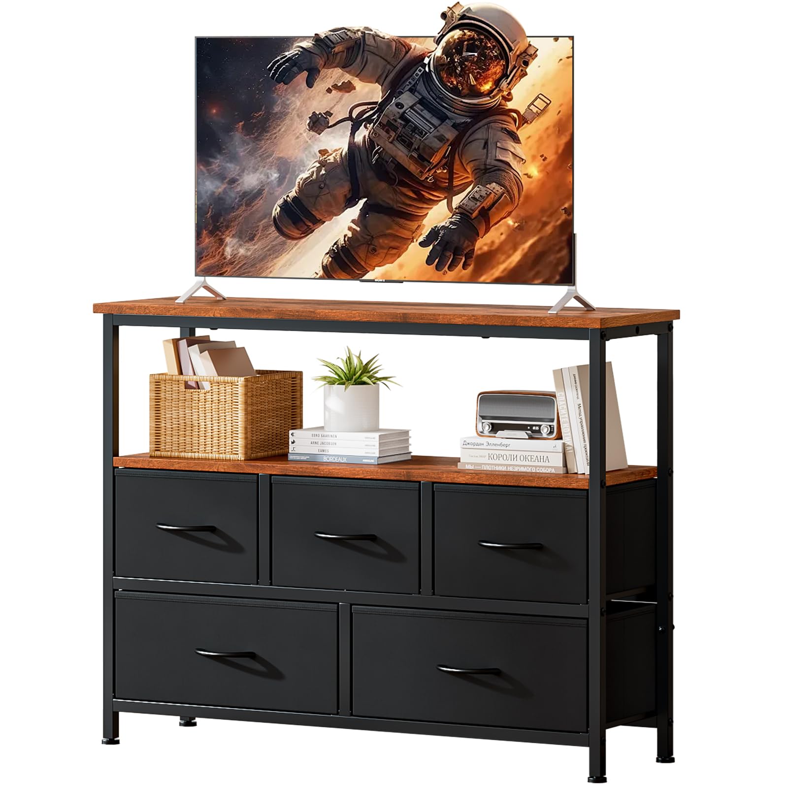 Taotigzu TV Stand with 5 Fabric Drawers,TV Cabinet for TVs up to 65”(Black) — image 1
