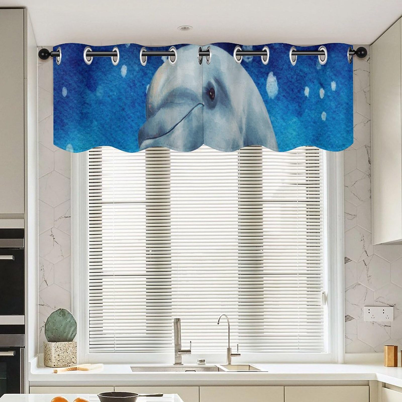 Cantonnière imprimé océan en double panneau | Rideau de fenêtre lavable 132 x 45,7 cm