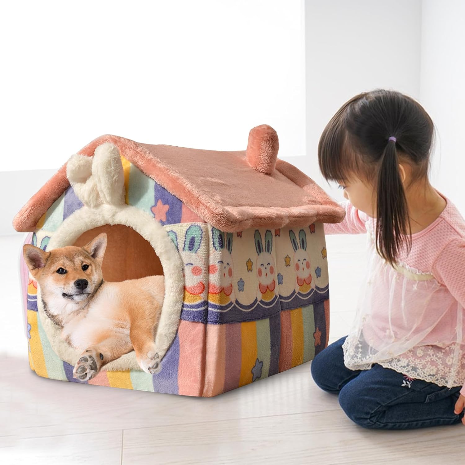 Cat House, Cartoon Cat Cave Bed with Removable Washable Cushion Pillow, Cute Cat Tent, Warm and Soft Chimney Cat House for Dogs Cats Small Animals(L, Pink)