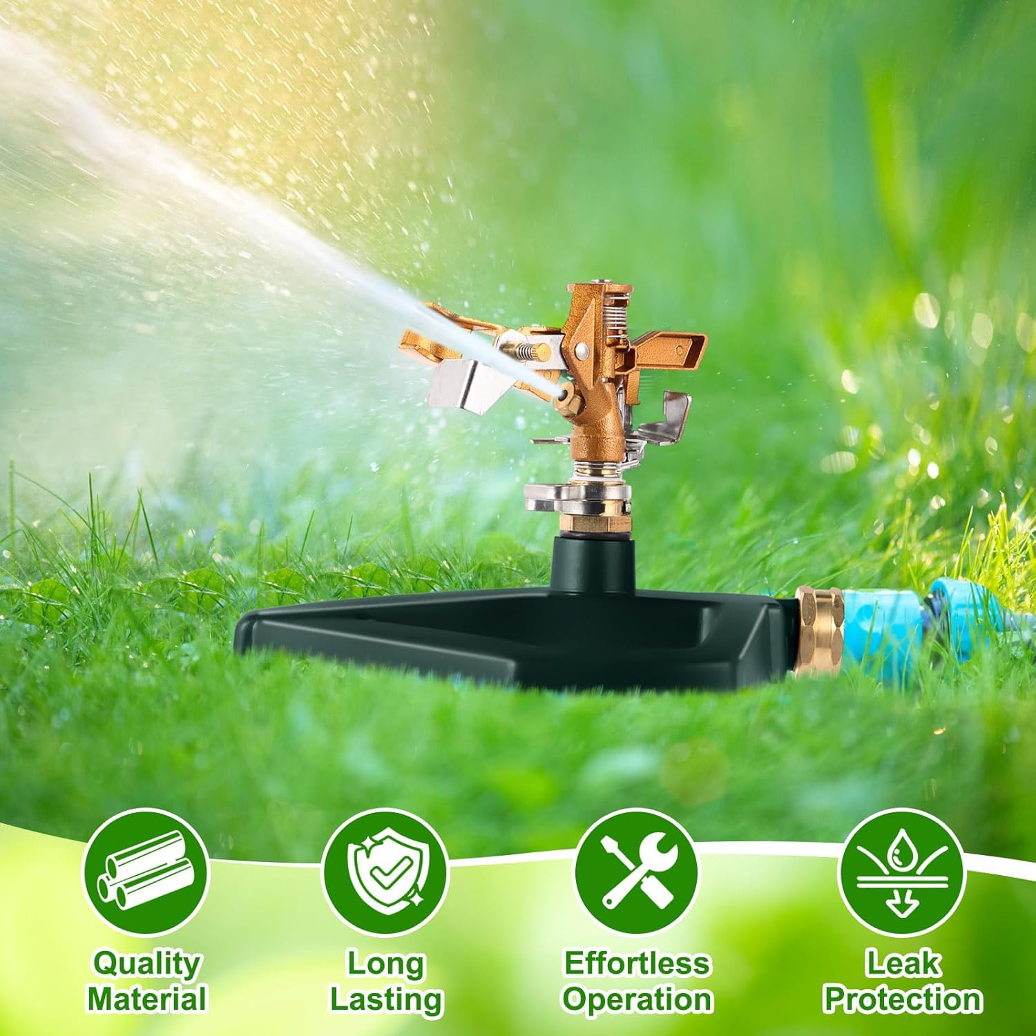 3 Sets Sprinklers for Yard Pulsating Impact Sprinkler with Metal Base Heavy Duty Adjustable Hose for Lawn Large Area Garden(Green)