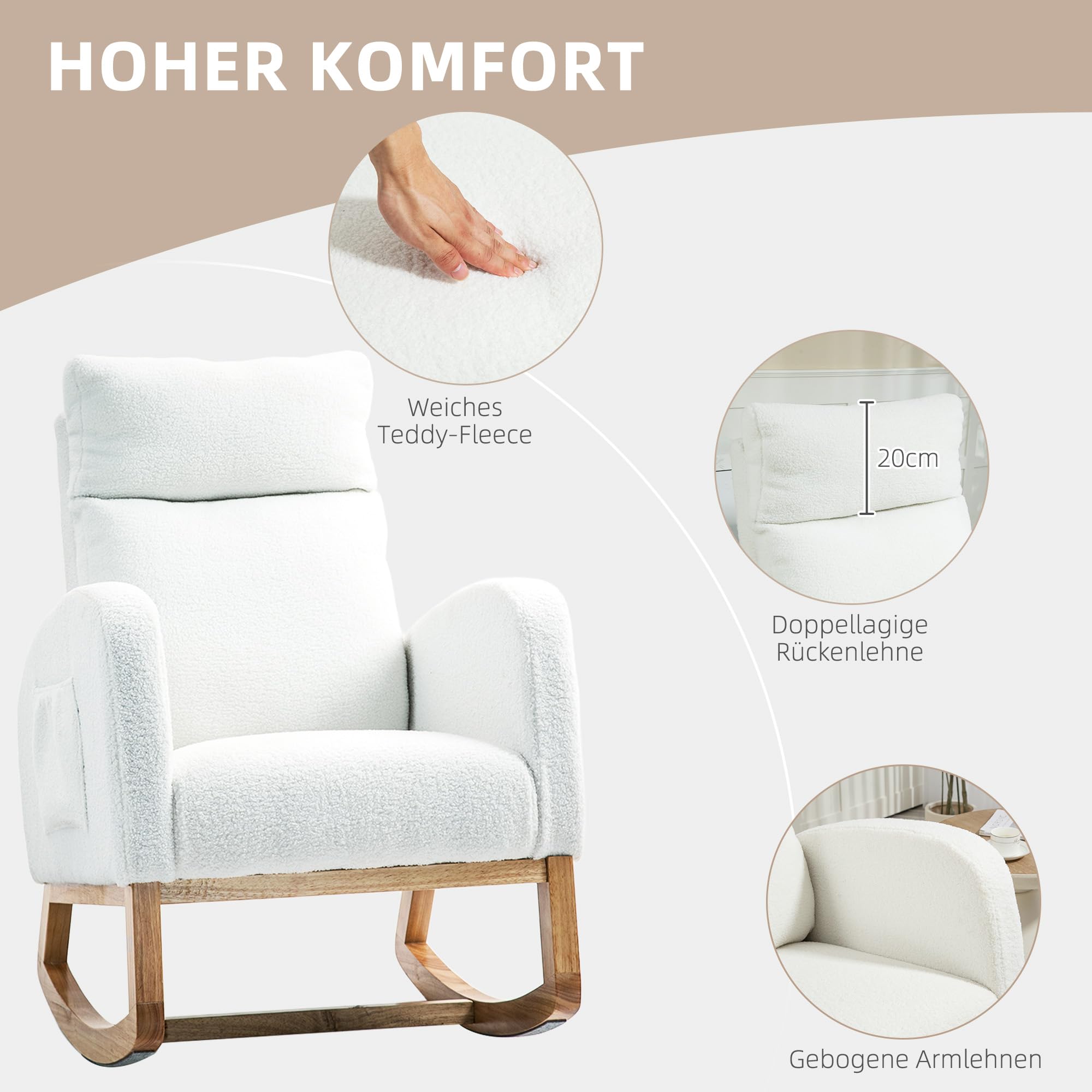 HOMCOM Schaukelstuhl, Schwingsessel, Armlehnsessel, Stillsessel mit Samtoptik, Schaukelsessel bis 120 kg belastbar, für Schlafzimmer, Wohnzimmer, Cremeweiß