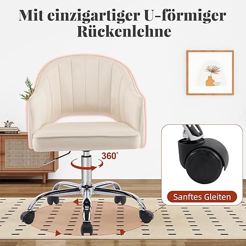 Miniatura 5 de MOJAY Silla de tocador moderna con ruedas, silla de oficina en casa de terciopelo recortado de respaldo medio, asiento suave giratorio de altura
