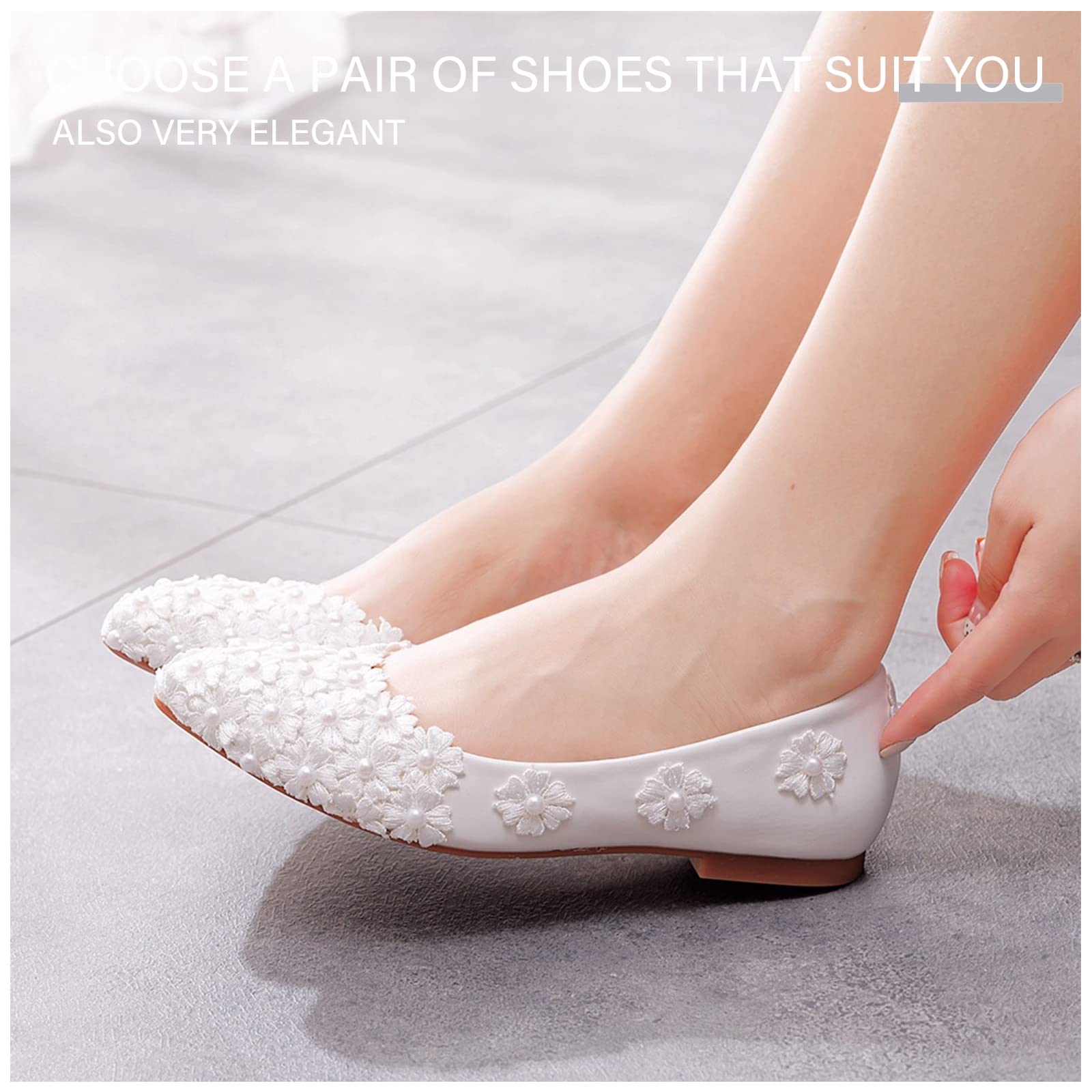 Scarpe Basse da Sposa, Décolleté in Pizzo Bianco da Sposa, Scarpe Casual Ballerine, Scarpe da Sposa con Imitazione di Fiori Adatte per Matrimoni, Feste, Feste da Ballo