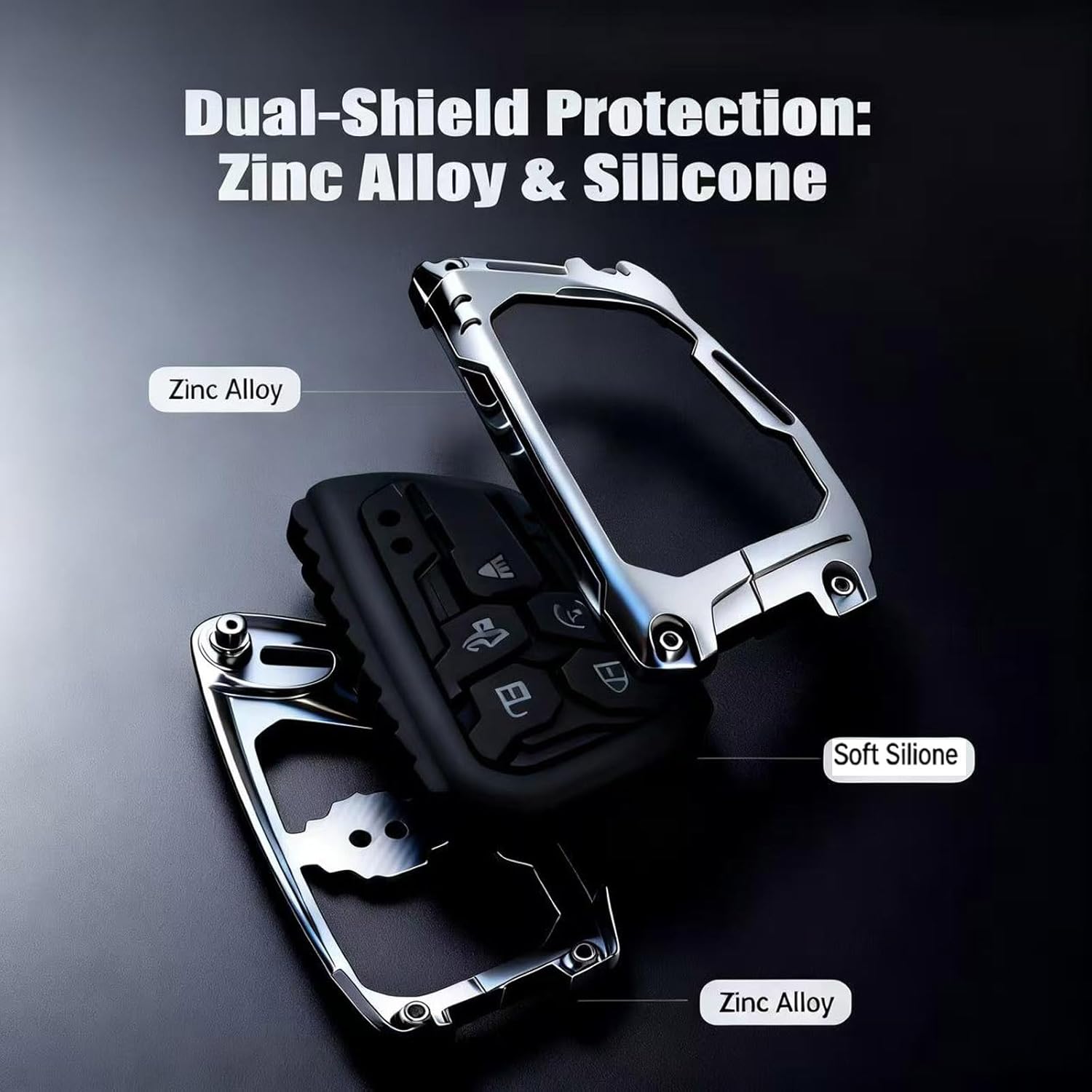 Heavy Duty Zinc Alloy 5-Button Remote Key Fob Protector Case with Glow-in-The-Dark Buttons & Gift Box, Fits/Compatible with Chevrolet Silverado 1500 / GMC Sierra Models (2022-2025) Black