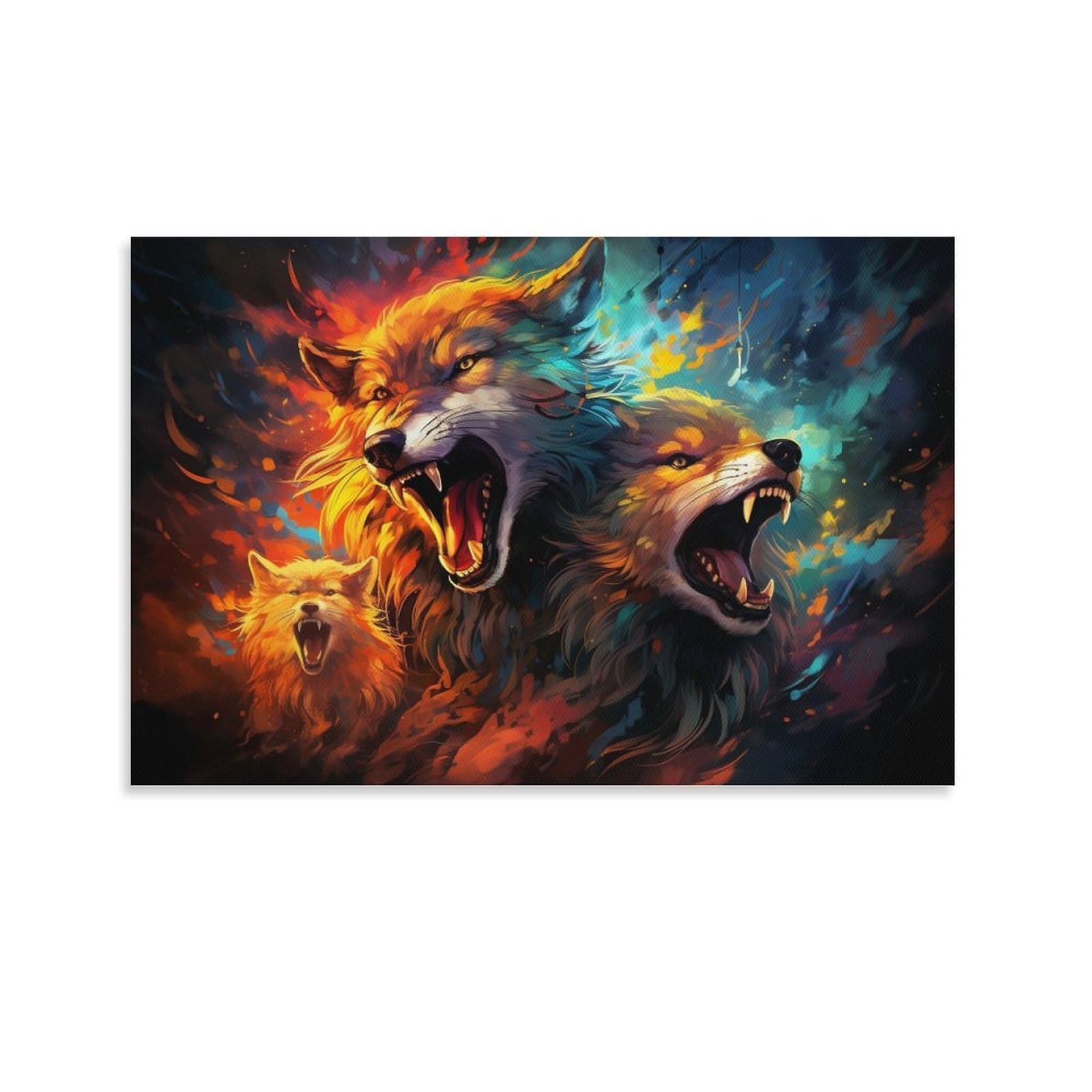 CPLVKWRQJ Bright Magical Colorful 1 Piece Roaring Wolves Colorful Art Canvas Artwork - Living Room Gallery Wall Statement Piece Fade Resistant Decor 08x12inch(20x30cm)
